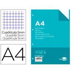 Recambio LIDERPAPEL A4 120 hojas 80g/m2 cuadro 5mm sin margen 4 taladros bandas de 5 colores