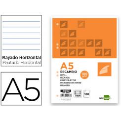 Recambio LIDERPAPEL A5 100 Hojas 100gr/m2 Horizontal con Margen 6 Taladros