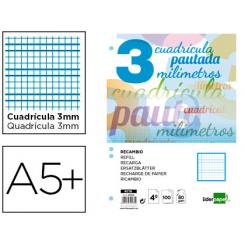 Recambio LIDERPAPEL cuarto pautaguia 100 hojas 75 g cuadriculado pautado 3 mm con margen 6 taladros