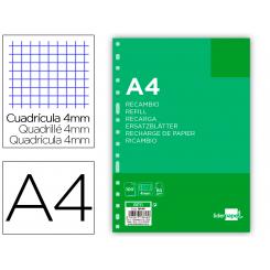 Recambio LIDERPAPEL A4 100 hojas 60g/m2 cuadro 4 mm con margen 16 taladros
