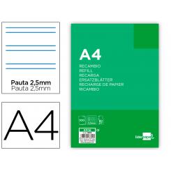 Recambio LIDERPAPEL A4 100 hojas 60g/m2 pauta 5ª 2.5mm con margen 4 taladros