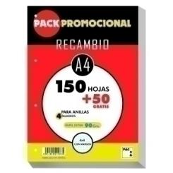 Recambio Pacsa A4 200H (150+50) 90Gr 4 Taladros Cuadric.4X4 C/Margen