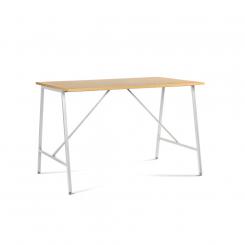 Rocada Mesa alta modelo STAND con estructura de acero pintada en blanco y tablero de melamina en color roble. Medida 160x100x105cm