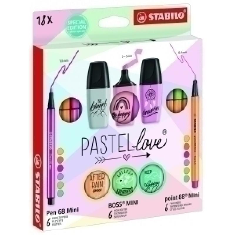 rotulador-fibra-stabilo-mini-pen-68&point-88&boss-pastel-love-estuche-de-carton-de-18-6x-pen-68-mini-6x-point-88-mini-y-6x-boss-mini