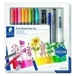 Rotulador Fibra Staedtler Floral Watercolour Set De 12 8X 3001 Rotulador Acuarelable Doble Punta 1X 308 01-9 Pigment Liner 1X 100A-4B Lumograph Aquarell 1X 949-M Pincel 1X 526 B30-9C Goma De Borrar