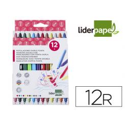Rotulador LIDERPAPEL duo doble punta fina y gruesa caja de 12 unidades colores surtidos