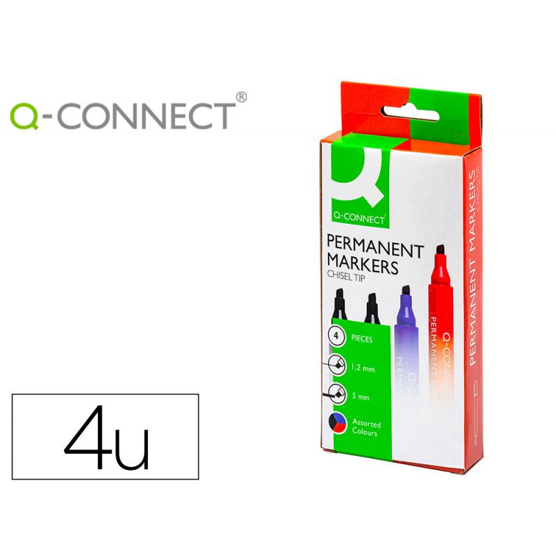 rotulador-q-connect-marcador-permanente-estuche-de-4-colores-surtidos-punta-biselada-50-mm