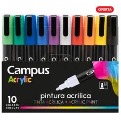 Rotuladores Acrílicos CAMPUS ACRYLIC, caja de 10 colores surtidos básicos, punta 2,0mm