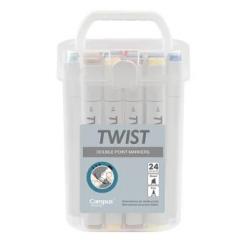 Rotuladores punta doble profesionales con tinta base alcohol CAMPUS UNIVERSITY TWIST, caja 24 colores