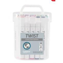 Rotuladores punta doble profesionales con tinta base alcohol CAMPUS UNIVERSITY TWIST, caja 36 colores