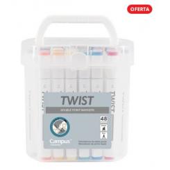 Rotuladores punta doble profesionales con tinta base alcohol CAMPUS UNIVERSITY TWIST, caja 48 colores