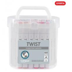Rotuladores punta doble profesionales con tinta base alcohol CAMPUS UNIVERSITY TWIST, caja 60 colores