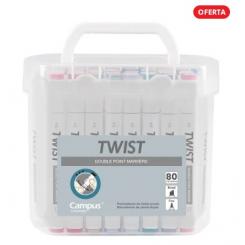 Rotuladores punta doble profesionales con tinta base alcohol CAMPUS UNIVERSITY TWIST, caja 80 colores