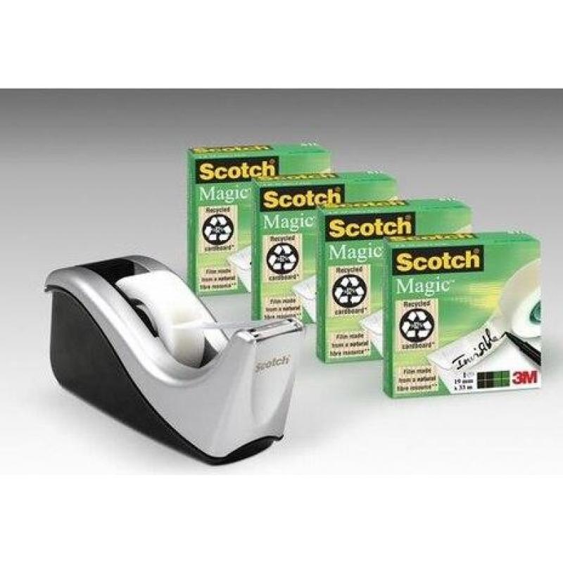 SCOTCH DISPENSADOR C60 NEGO/PLATA + 4 ROLLOS CINTA SCOTCH MAGIC 19X33M