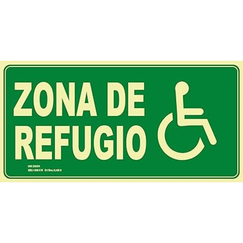 Señal PMR evacuación Zona de Refugio 32x16cm Clase B D≤10m PVC Luminiscente Homologada nueva UNE 23034:2023