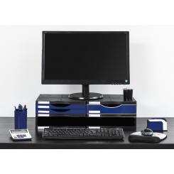 Soporte monitor Ergosostenible Archivo 2000 100% reciclado. c/cajón grande, 2 pequeños y bandeja clasificadora. Medida ext 360x600x165 mm. Estructura negra, cajones azules.