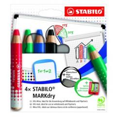 STABILO Lápiz marcador en seco Markdry para pizarra blanca, estuche 4 colores surtidos