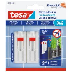TESA Clavo adhesivo ajustable para azulejos y metal, 3 kgrs, blíster 2 uds