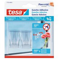 TESA Gancho adhesivo para superficies transparentes y vidrio 1 kgr, blíster 2 uds