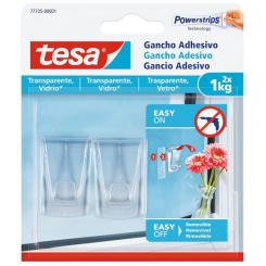 TESA Gancho adhesivo para superficies transparentes y vidrio 1 kgr, blíster 2 uds