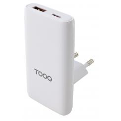 TooQ Cargador de viaje Tipo C y Tipo A, GaN 65W, USB-C/PD + USB-A/QC, Blanco