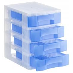 Torre almacenaje 4 cajones 6 ltrs (342x220x79 mm.). Polipropileno copolímero antiestático. Medidas ext 390x290x430 mm. Carcasa cristal translúcido c/cajones azul translúcido.