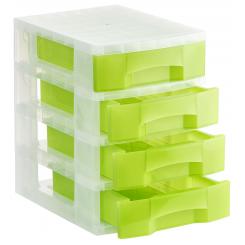 Torre almacenaje 4 cajones 6 ltrs (342x220x79 mm.). Polipropileno copolímero antiestático. Medidas ext 390x290x430 mm. Carcasa cristal translúcido c/cajones kiwi translúcido.