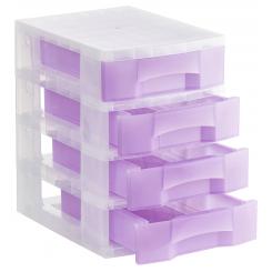 Torre almacenaje 4 cajones 6 ltrs (342x220x79 mm.). Polipropileno copolímero antiestático. Medidas ext 390x290x430 mm. Carcasa cristal translúcido c/cajones malva translúcido.