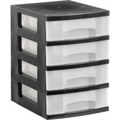 Torre almacenaje 4 cajones 6 ltrs (342x220x79 mm.). Polipropileno copolímero antiestático. Medidas ext 390x290x430 mm. Carcasa negra opaca y cajones traslúcidos cristal.