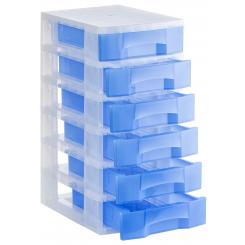 Torre almacenaje 6 cajones 6 ltrs (342x220x79 mm). Polipropileno coplímero antiestático. Medida ext 390x290x635 mm. Carcasa cristal traslúcido y cajones azul traslúcido.