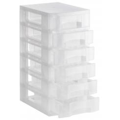 Torre almacenaje 6 cajones 6 ltrs (342x220x79 mm). Polipropileno coplímero antiestático. Medida ext 390x290x635 mm. Carcasa cristal traslúcido y cajones cristal traslúcido.