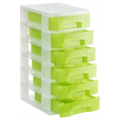 Torre almacenaje 6 cajones 6 ltrs (342x220x79 mm). Polipropileno coplímero antiestático. Medida ext 390x290x635 mm. Carcasa cristal traslúcido y cajones kiwi traslúcido.