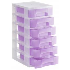 Torre almacenaje 6 cajones 6 ltrs (342x220x79 mm). Polipropileno coplímero antiestático. Medida ext 390x290x635 mm. Carcasa cristal traslúcido y cajones malva traslúcido.