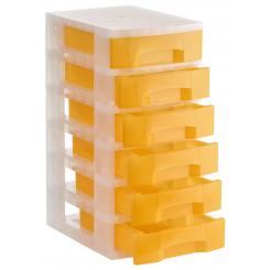 Torre almacenaje 6 cajones 6 ltrs (342x220x79 mm). Polipropileno coplímero antiestático. Medida ext 390x290x635 mm. Carcasa cristal traslúcido y cajones naranja traslúcido.