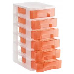 Torre almacenaje 6 cajones 6 ltrs (342x220x79 mm). Polipropileno coplímero antiestático. Medida ext 390x290x635 mm. Carcasa cristal traslúcido y cajones rojo traslúcido.