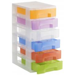 Torre almacenaje 6 cajones 6 ltrs (342x220x79 mm). Polipropileno coplímero antiestático. Medida ext 390x290x635 mm. Carcasa cristal traslúcido y cajones surtido traslúcido.
