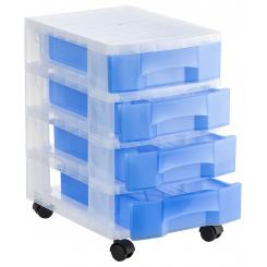 Torre de almacenaje c/4 cajones 6 ltrs. c/ruedas. Medida ext 390x290x480 mm. Carcasa cristal translúcido y cajones azul traslúcido.