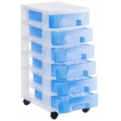 Torre de almacenaje c/6 cajones 6 ltr. c/ruedas. Medida ext 390x290x685 mm. Carcasa cristal translúcido y cajones azul traslúcido.