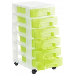 Torre de almacenaje c/6 cajones 6 ltr. c/ruedas. Medida ext 390x290x685 mm. Carcasa cristal translúcido y cajones kiwi traslúcido.