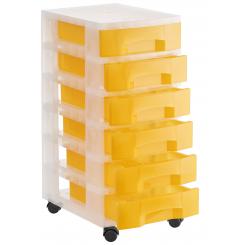 Torre de almacenaje c/6 cajones 6 ltr. c/ruedas. Medida ext 390x290x685 mm. Carcasa cristal translúcido y cajones naranja traslúcido.