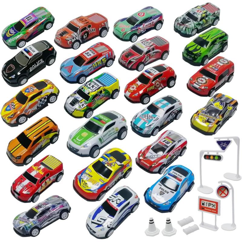 TOYABI Coches para Niños, Matchbox, 22 Piezas de Coche de Retroceso 8 Barricadas, Coche de Carreras Clásico con Carcasa Metálica