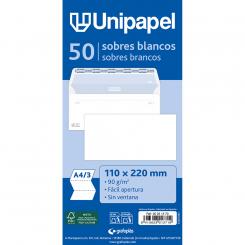 UNIPAPEL Paquete 50 Sobres Blancos 90G 110x220 Apertura fácil tira silicona