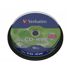 VERBATIM CD-RW, 700MB, 12X, 10 PACK TARRINA SPINDLE, SUPERFICIE SCRATCH RESISTANT REGRABABLE