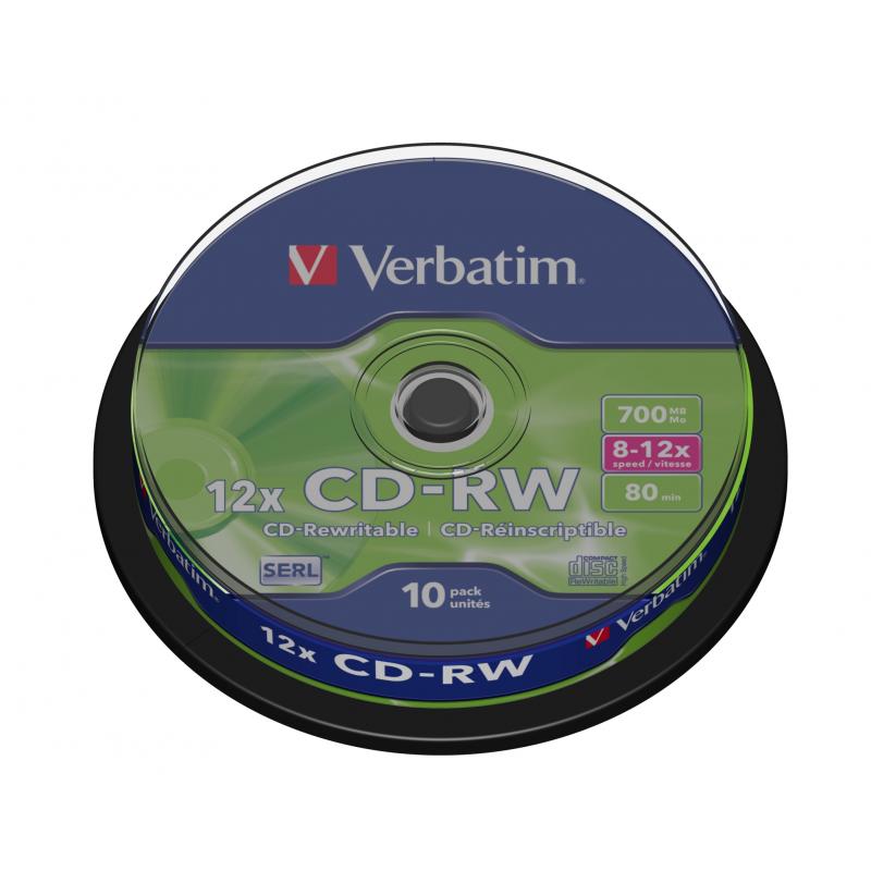 VERBATIM CD-RW, 700MB, 12X, 10 PACK TARRINA SPINDLE, SUPERFICIE SCRATCH RESISTANT REGRABABLE