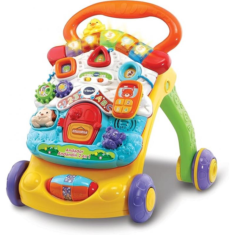 VTech - Andador andandín 2 en 1, correpasillos con música y luces, patas plegables, panel extraíble, regulador de velocidad, multicolor, versión ESP, embalaje estándar